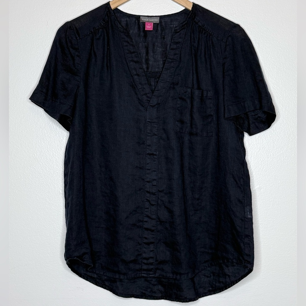Vince Camuto Linen Navy Blue Pocket Short Sleeve V Neck Blouse - Picture 2 of 7